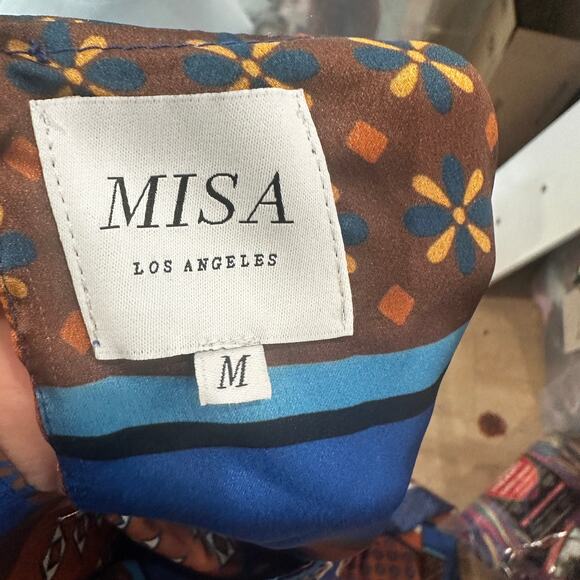 Misa Blue Patchwork Midi Dress MEDIUM Satin Vacation Aline Weekend Designer $410 - Picture 12 of 13